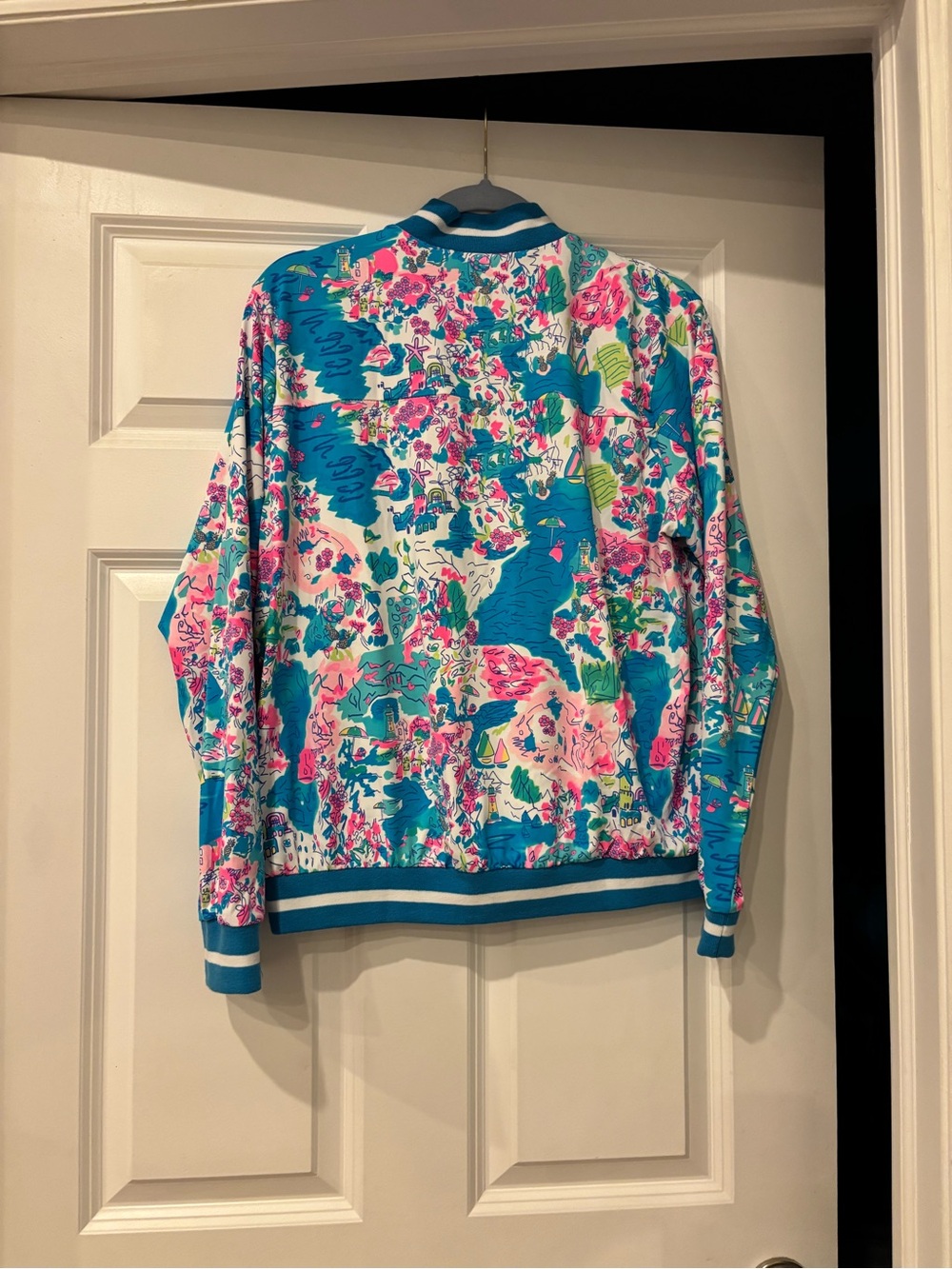 Lulu-B Floral Tropical Blue Pink Bomber Jacket - Picture 2 of 5